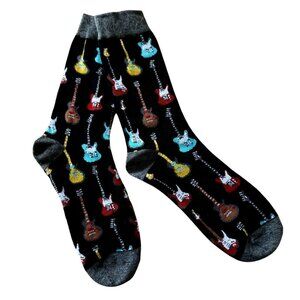 Mens Black Crew Socks With Colorful Electric Guitar Pattern Musician Rock Band A